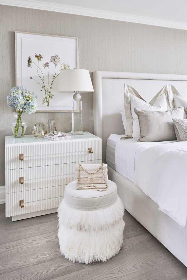 luxurious white bedroom with gray accents